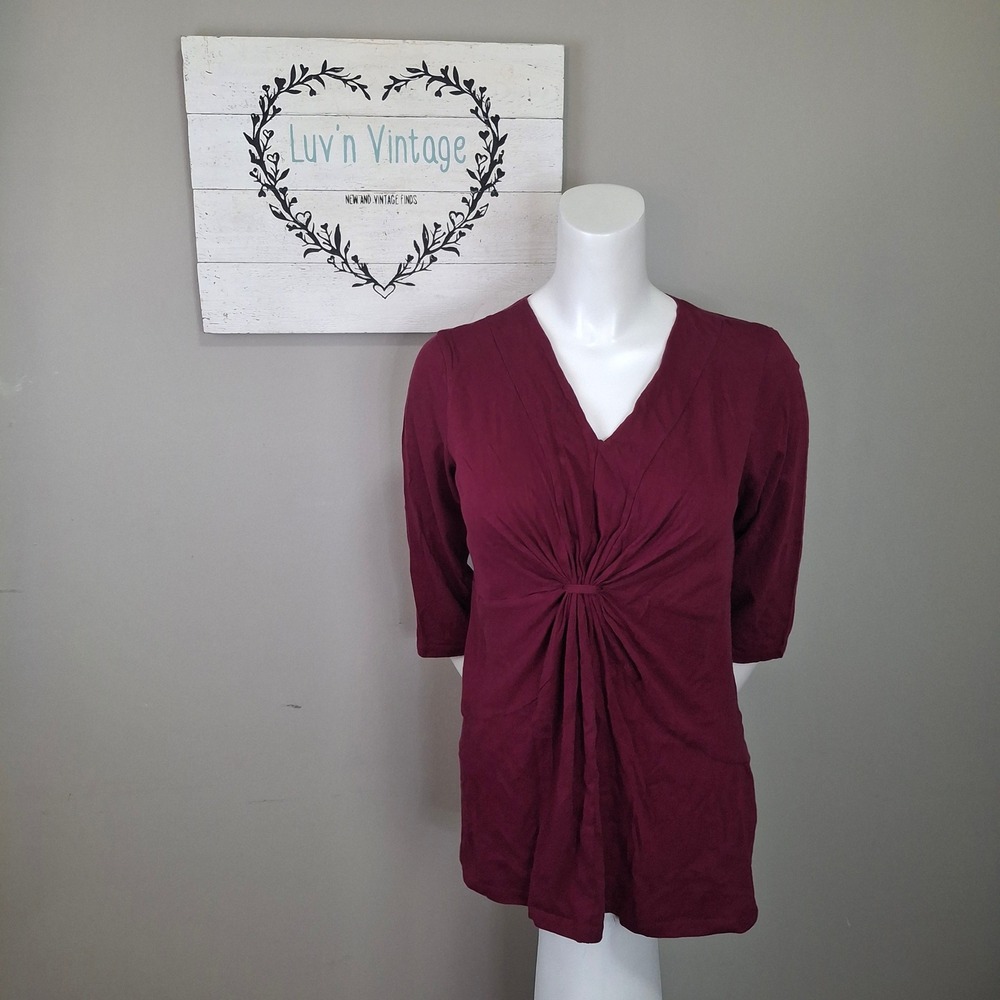 Motherhood Maternity Burgundy Knot Front V-Neck 3/4 Sleeve Cotton Tunic Top Sz M